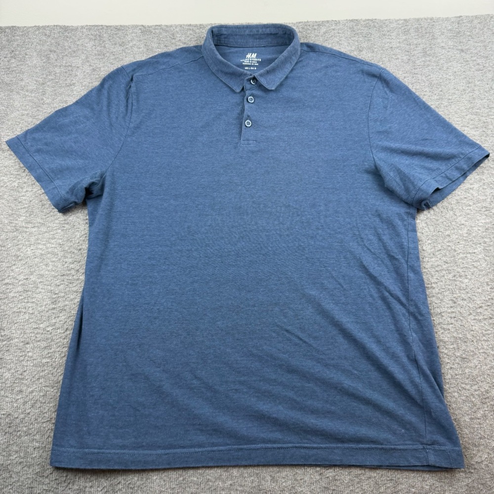 H&M Polo Shirt Men's Large Blue Slim Fit Short Sleeve Cotton Blend Pinhole